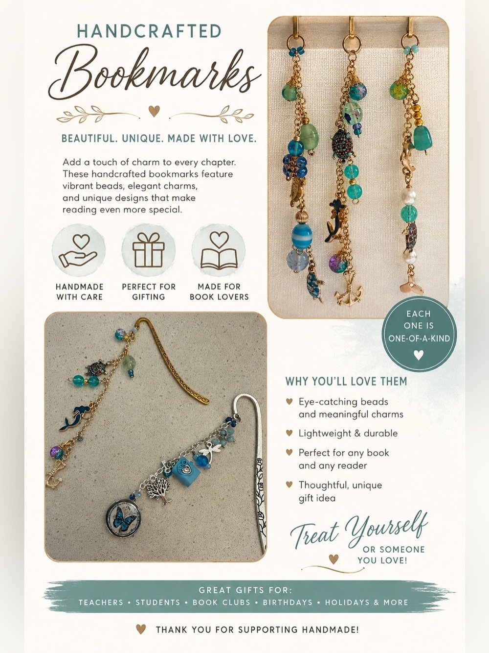 Handcrafted Charm Bookmark with Beads and Jewels